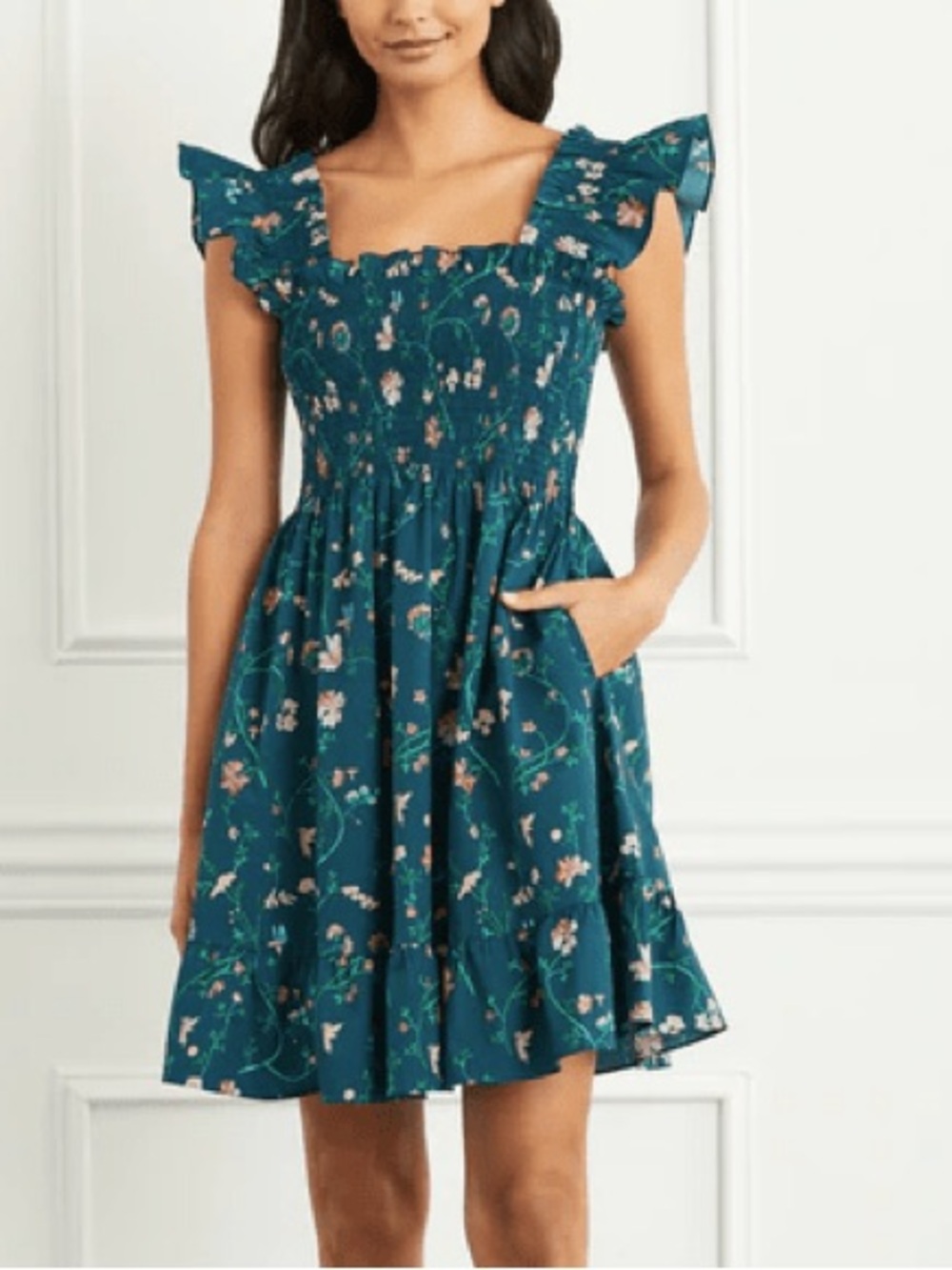 Hill House Teal Floral Smocked Mini Dress